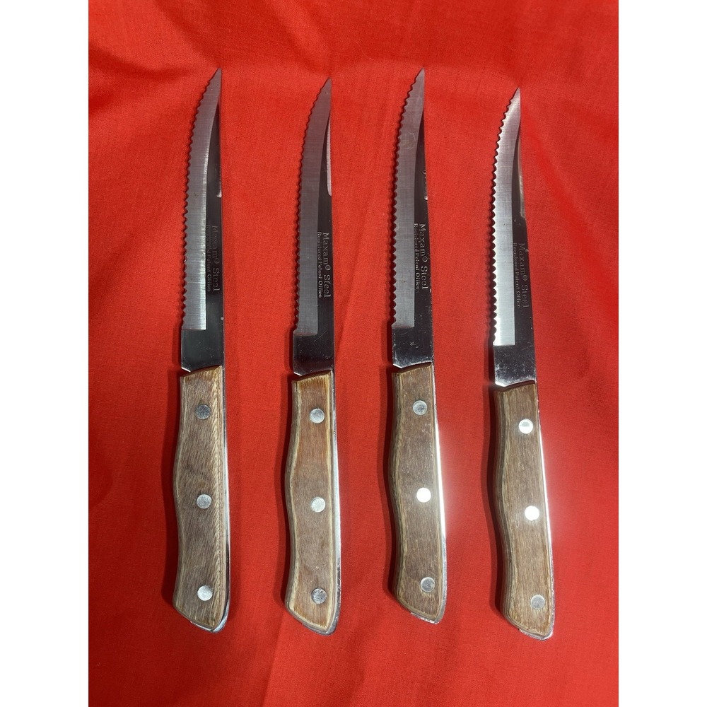 Vintage Maxam Steel Serrated Steak Knives Set of 4 Wood Handles Stainless